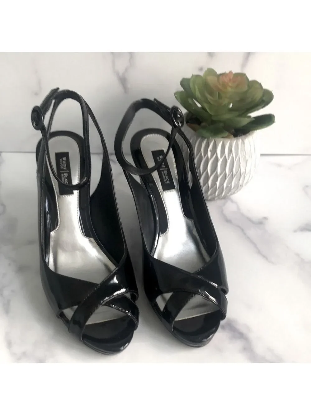 White House Black Market Wedge Karen Black Patent Leather Sandals Size 6.5m